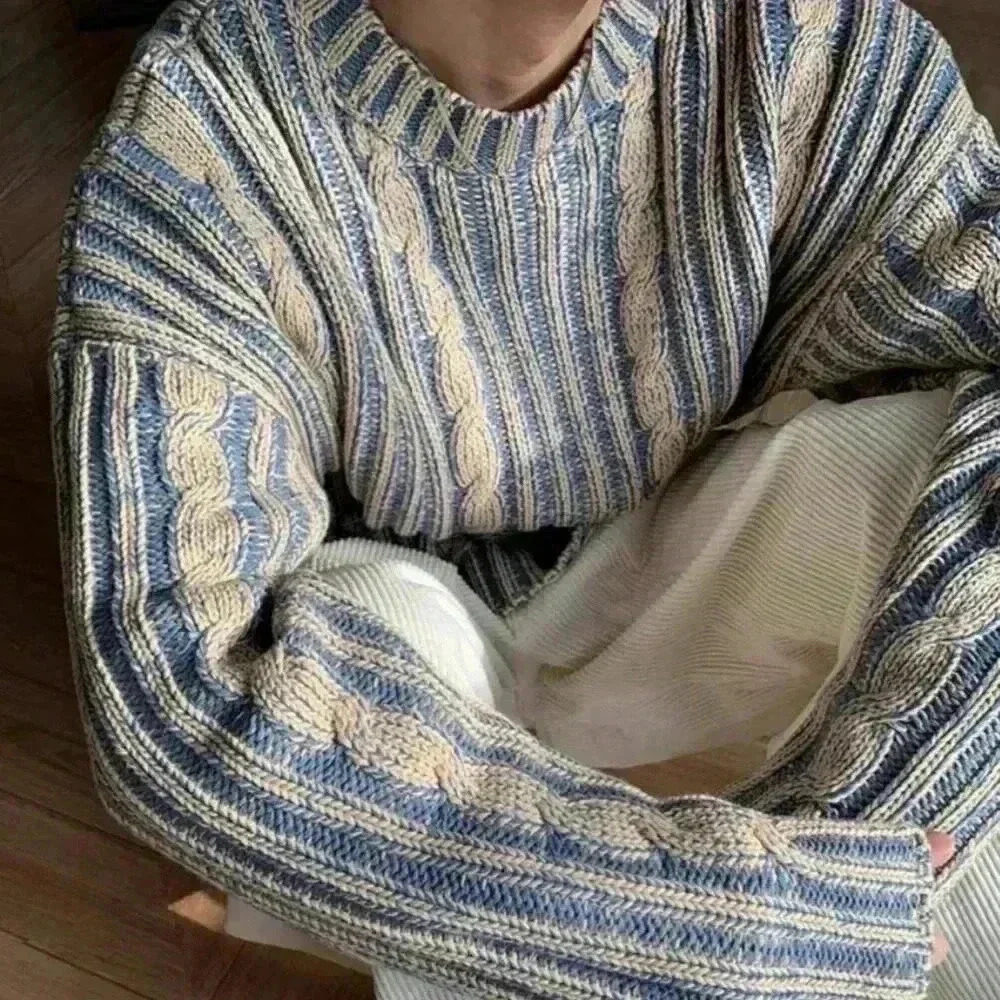 Multicolor Casual Men's Twisted Rope Accent Crew Neck Sweater